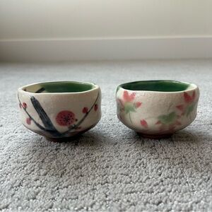 Lot of 2 Japanese Handmade Matcha Chawan Tea Bowl Persimmon Maple Leaf Momiji
